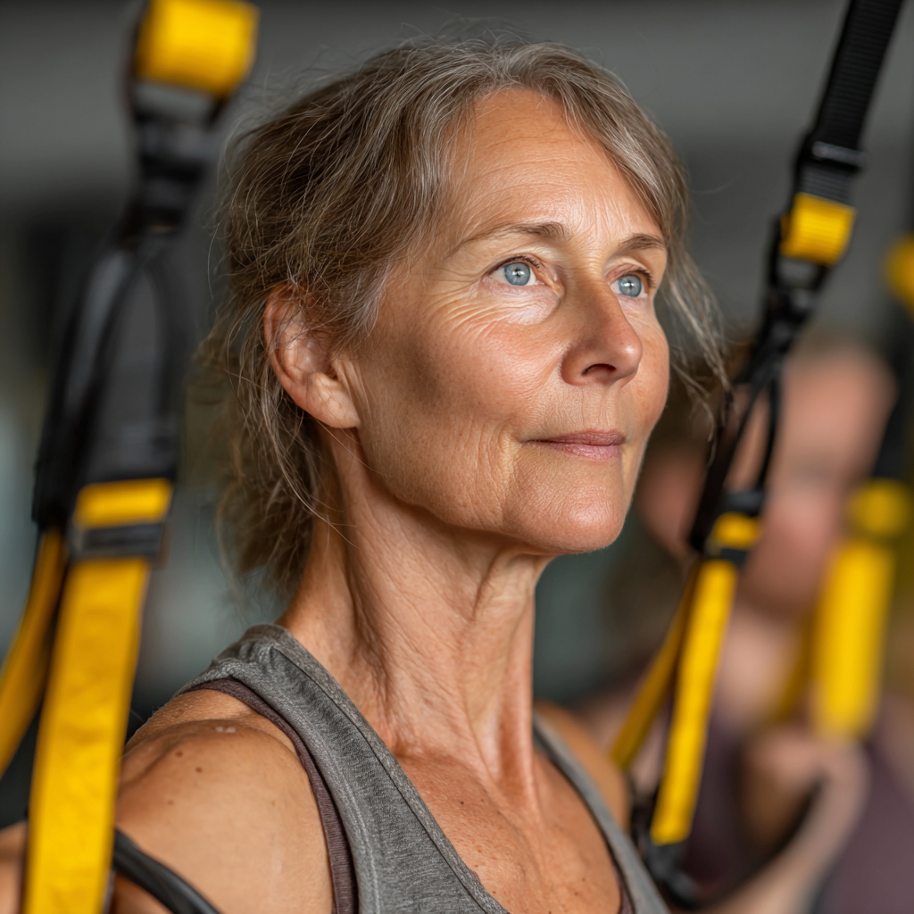 Енергійна жінка 55 років виконує функціональні вправи у фітнес залі durmavint